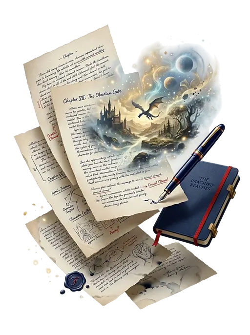 Character notes and plot outline spread across a desk
